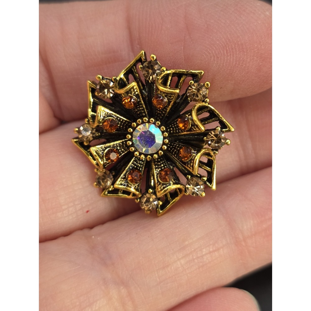 gold-tone amber and aurora borealis Rhinestones Brooch Pin